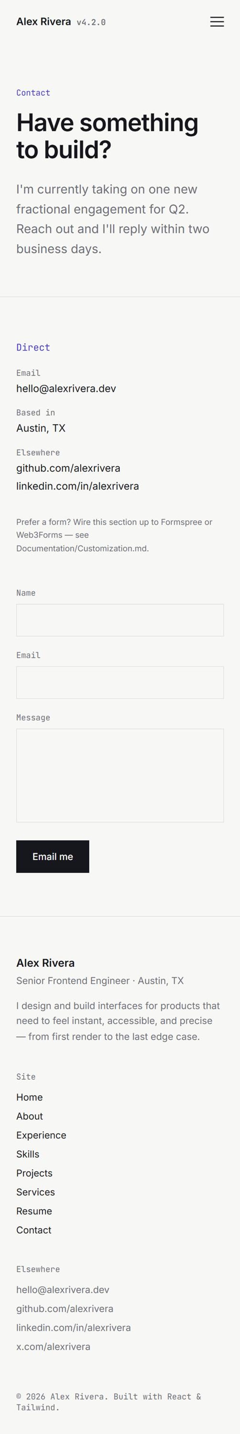 May include: A contact webpage for Alex Rivera featuring the text Have something to build, contact details including email, location, and social links, a contact form with fields for name, email, and message, and a footer with navigation links.