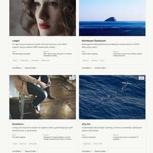 May include: A professional portfolio website layout for Alex Rivera featuring a navigation bar, a header titled Selected work, and four project cards. Each card displays an image, a title, a description, role, result, tech stack, and links.