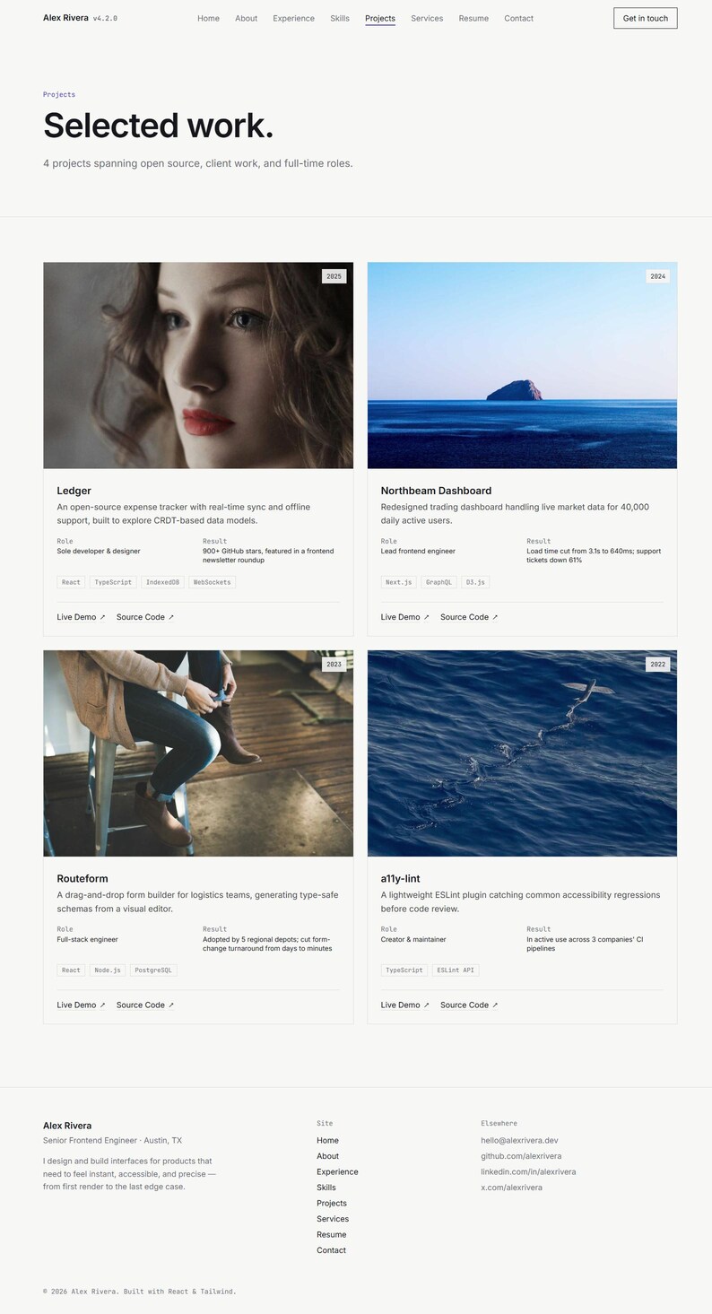May include: A professional portfolio website layout for Alex Rivera featuring a navigation bar, a header titled Selected work, and four project cards. Each card displays an image, a title, a description, role, result, tech stack, and links.