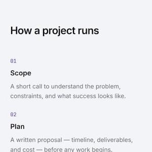 May include: A webpage for Alex Rivera detailing services including frontend architecture, performance audits, and fractional engineering. The layout outlines a four-step project process, a call-to-action button, and professional contact information.