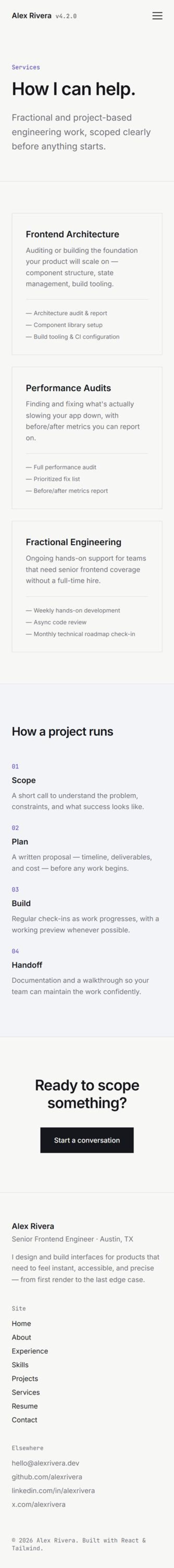May include: A webpage for Alex Rivera detailing services including frontend architecture, performance audits, and fractional engineering. The layout outlines a four-step project process, a call-to-action button, and professional contact information.