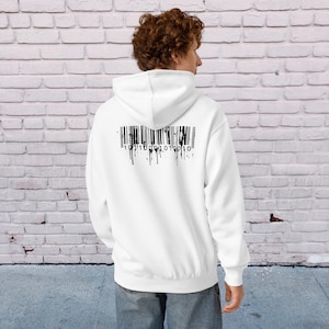 May include: A white hooded sweatshirt featuring a black graphic on the back. The graphic displays a barcode design with a distressed, dripping ink effect and the numerical sequence 10110001010010 printed clearly underneath the barcode lines.
