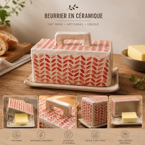 Peut inclure: Un beurrier rectangulaire en céramique avec un couvercle muni d'une poignée et un motif répétitif de feuilles rouges. L'ensemble comprend une base et un couvercle. Le texte BEURRIER EN CÉRAMIQUE, FAIT MAIN, ARTISANAL, UNIQUE est visible en haut.