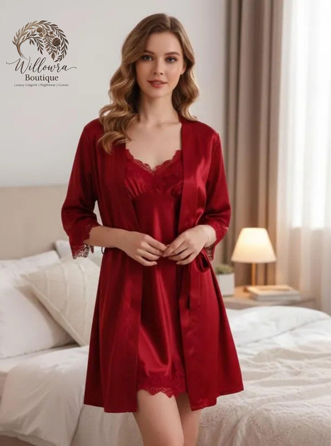 Nighty Robe Silk Nightgown Robe Set, Lace Trim Sleepwear, Women's Loungewear,nighty ...