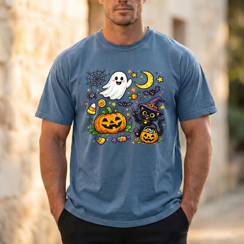 May include: A blue short-sleeve t-shirt featuring a colorful Halloween graphic. The design includes a white ghost, a yellow crescent moon, a spider web, bats, candy corn, and a black cat wearing a purple witch hat holding a jack-o'-lantern.