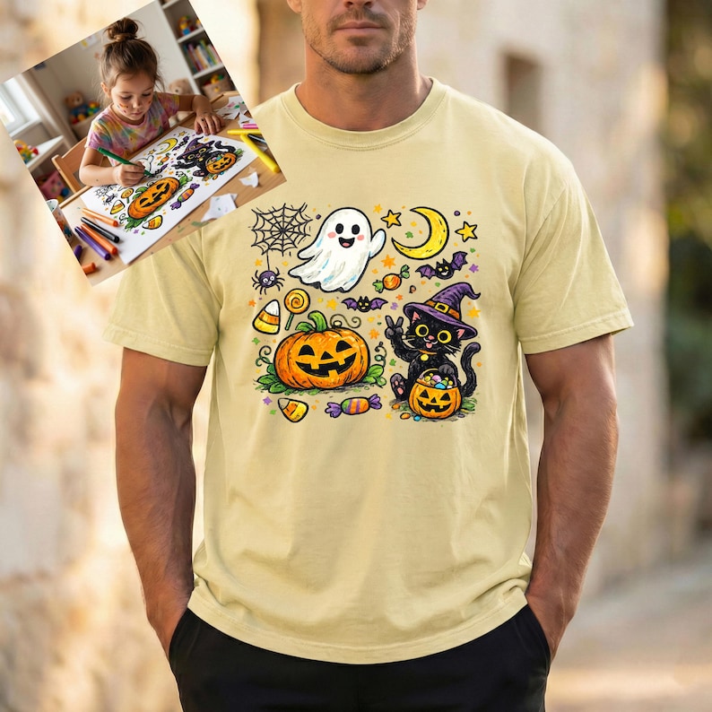 May include: A light yellow short-sleeve t-shirt featuring a colorful Halloween graphic print. The design includes a white ghost, a large orange jack-o'-lantern, a black cat wearing a purple witch hat, a yellow crescent moon, and candy.