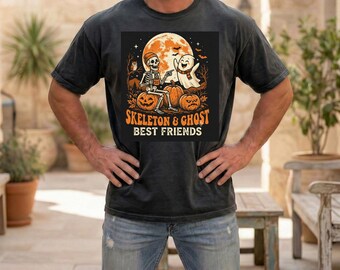 Vintage Halloween Shirt, Funny Ghost & Skeleton T-Shirt, Spooky Graphic Tee, Halloween Apparel, Retro Halloween, Comfort Color Unisex-1717