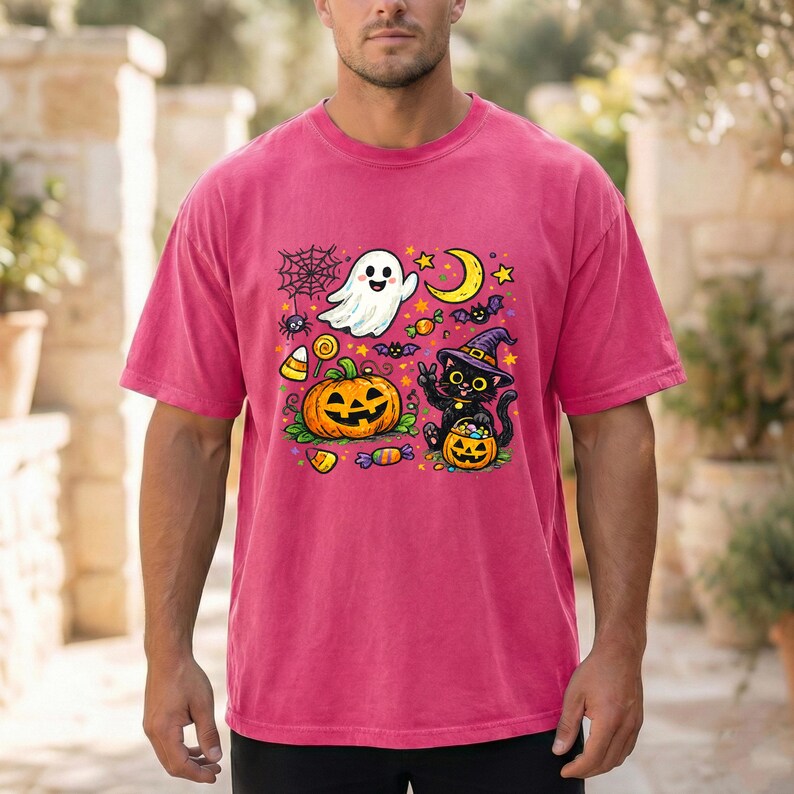 May include: A pink short-sleeve t-shirt featuring a colorful Halloween graphic. The design includes a white ghost, a large orange jack-o'-lantern, a black cat wearing a purple witch hat, a yellow crescent moon, bats, candy, and a spider web.