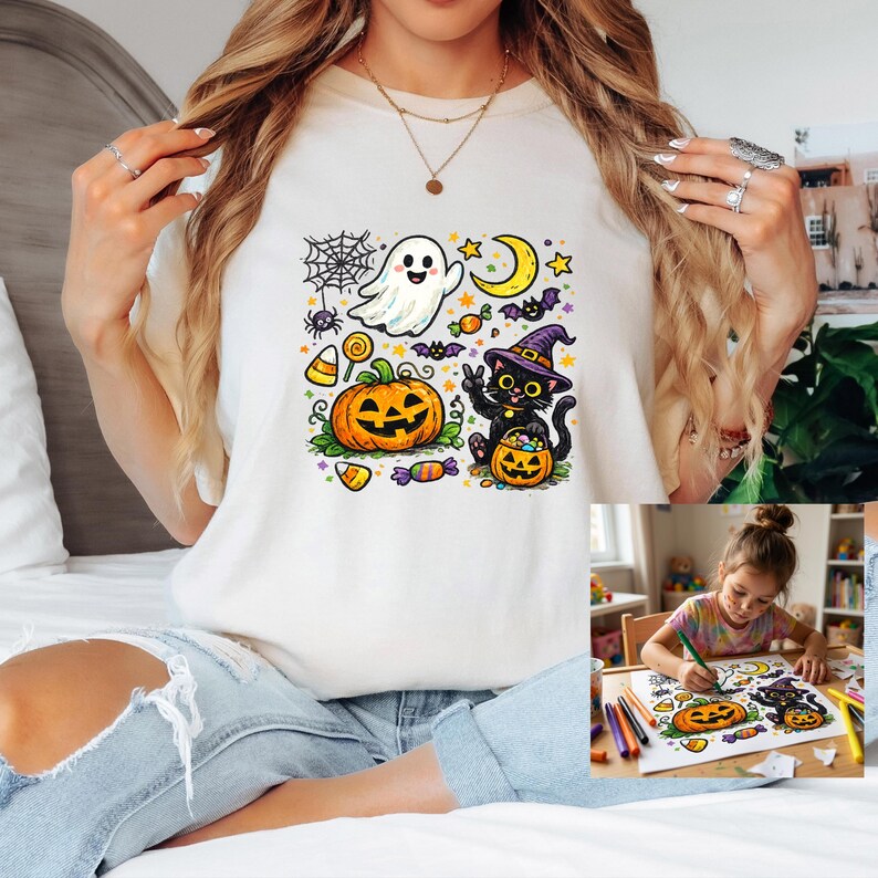 May include: A cream-colored t-shirt featuring a colorful Halloween graphic print. The design includes a smiling ghost, a jack-o'-lantern, a black cat wearing a witch hat, a spider web, a crescent moon, stars, bats, and various candies.
