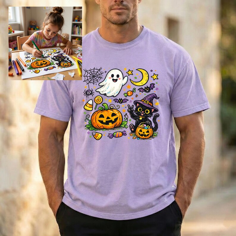 Personalized Kids Drawing Halloween T-Shirt, Custom Embroidered Child Artwork Tee, Cute Halloween Gift Shirt, Comfort Colors 1717 Unisex Tee image 7