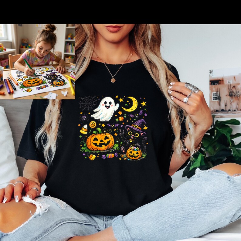 Personalized Kids Drawing Halloween T-Shirt, Custom Embroidered Child Artwork Tee, Cute Halloween Gift Shirt, Comfort Colors 1717 Unisex Tee image 14