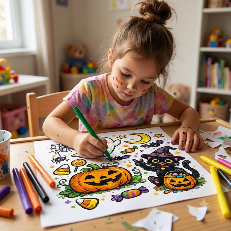 May include: A coloring page featuring Halloween illustrations including a jack-o'-lantern, a black cat wearing a witch hat, candy corn, a spider web, and a crescent moon. The page is being colored with a green marker on a wooden table.