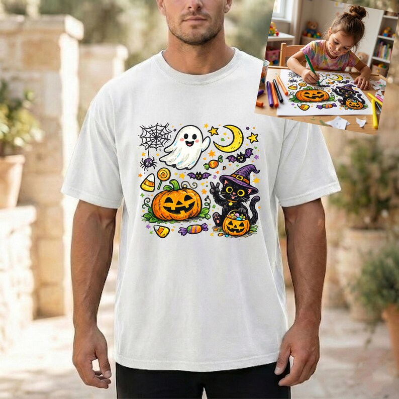 May include: A white t-shirt featuring a colorful Halloween-themed graphic print. The design includes a smiling ghost, a black cat wearing a purple witch hat, a large orange jack-o'-lantern, a spider web, a yellow crescent moon, and various candies.