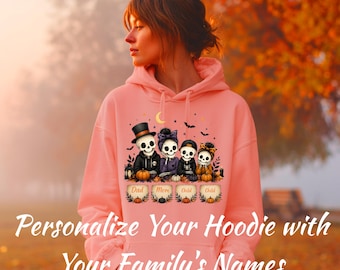 Personalized Halloween Family Skeleton Hoodie, Custom Skeleton Family with Names, Mom Dad Kids Halloween Cute Fall Family Gift Gildan18500