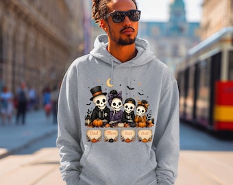 Personalized Halloween Family Skeleton Hoodie, Custom Skeleton Family with Names, Mom Dad Kids Halloween Cute Fall Family Gift Gildan18500
