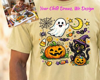 Personalized Kids Drawing Halloween T-Shirt, Custom Embroidered Child Artwork Tee, Cute Halloween Gift Shirt, Comfort Colors 1717 Unisex Tee
