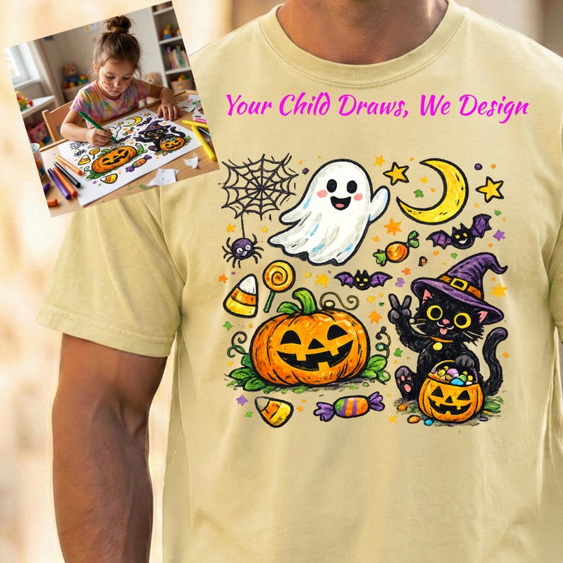 May include: A light yellow t-shirt featuring the text Your Child Draws, We Design and a colorful Halloween graphic. The design includes a white ghost, a jack-o'-lantern, a black cat wearing a witch hat, a spider web, a crescent moon, and candy.