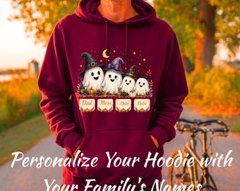 Personalized Halloween Family ghost Hoodie , Custom ghost Family with Names, Mom Dad Kids Halloween Tee Cute Fall Family Gift Gildan 18500
