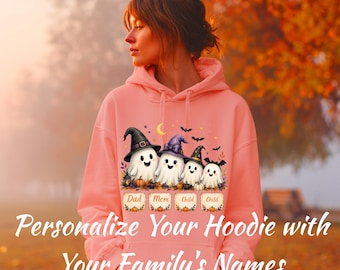 Personalized Halloween Family Ghost Hoodie, Custom Ghost Family with Names, Mom Dad Kids Halloween Tee, Cute Fall Family Gift Gildan 18500
