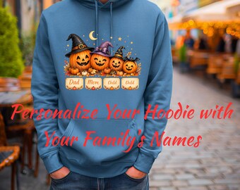 Personalized Halloween Family Pumpkin Hoodie, Custom Pumpkin Family with Names Mom Dad Kids Halloween Tee Cute Fall Family Gift Gildan 18500
