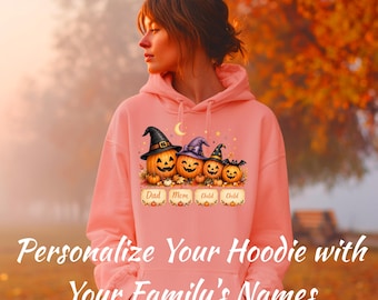 Personalized Halloween Family Pumpkin Hoodie, Custom Pumpkin Family with Names Mom Dad Kids Halloween Tee Cute Fall Family Gift Gildan 18500