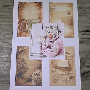 Pode incluir: Uma folha de papel retangular com quatro painéis de colagem em estilo vintage em tons de castanho e creme, decorados com motivos florais, borboletas e postais, com uma ilustração central de uma pessoa com camisola rosa a beber de uma caneca.