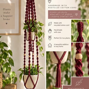 May include: A double plant hanger made of dark red macrame cord with light wooden beads. The hanger features two tiers for holding pots, with a total length of approximately 112 cm. Text on the image includes Double Plant Hanger, Handmade with recycled cotton cord, and Measurements.