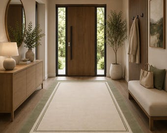 Modern Minimalist Area Rug, Sage Green Border Rug, Luxury Neutral Carpet, Handmade Tufted Rug, Contemporary Living Room Rug, Entryway Rug