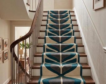 Modern Stair Runner Rug, Handmade Tufted Stair Carpet, Geometric Stair Runner, Blue & Grey Hallway Runner, Custom Wool Rug, Non Slip Runner