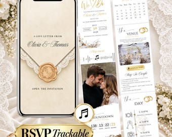 Wedding Website Invitation with RSVP, Gold Ivory Digital Wedding Invite, Editable Canva Template, Music, Countdown & Calendar