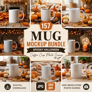 May include: A digital bundle of white ceramic coffee mugs displayed in various Halloween-themed settings featuring pumpkins, autumn leaves, and candles. The central text reads 157 MUG MOCKUP BUNDLE SPOOKY HALLOWEEN Coffee Cup Photo Scenes, JPG, 300 DPI.