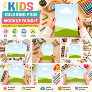 Könnte beinhalten: Ein digitales Mockup-Paket für Malvorlagen für Kinder mit 32 Szenen. Die Bilder zeigen ein weißes Blatt Papier mit blauem Himmel, einer weißen Wolke und grünen Hügeln, umgeben von bunten Stiften, Markern und kleinen Spielzeugen auf einer Holzoberfläche.