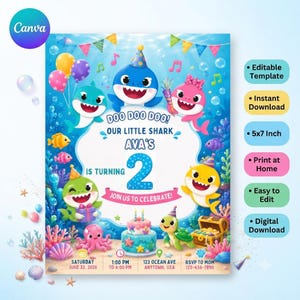 Baby Shark Birthday Invitation, Editable Canva Template, Printable Kids Ocean Birthday Party Invite Instant Download 5x7