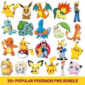 May include: A digital collection of various colorful cartoon characters including Pikachu, Eevee, Charizard, Squirtle, Bulbasaur, Mudkip, Chikorita, Charmander, Psyduck, Togepi, Pichu, and Jigglypuff, with text reading 35+ POPULAR POKEMON PNG BUNDLE.