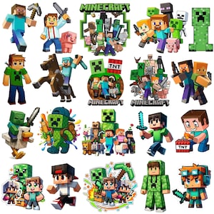 May include: A collection of Minecraft stickers featuring various blocky characters, including Steve, Alex, Creepers, and animals. The designs display pixelated figures holding swords, pickaxes, and TNT blocks, with the Minecraft logo included in several graphics.