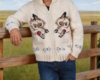 Men's Chunky Knit Cotton Cardigan Sweater, Wolf Pattern Zip-Up Jacket