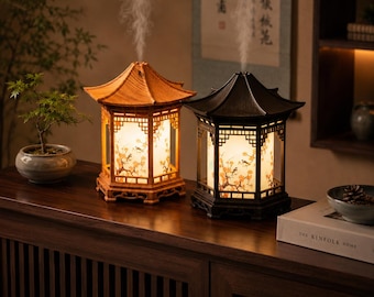 Pagoda Aroma Diffuser Lamp, Zen Lantern Night Light, Cherry Blossom Humidifier, Asian Wood Table Lamp, Japanese Home Decor