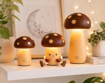 Houten paddenstoellamp, oplaadbaar, dimbaar nachtlampje, massief houten nachtkastjelamp, gezellig bos cadeaudecor