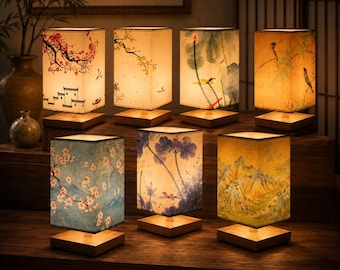 Japanese Table Lamp, Asian Wooden Lantern Light, Vintage Rice Paper Bedside Lamp, Zen Bedroom Decor, Warm Ambient Home Gift