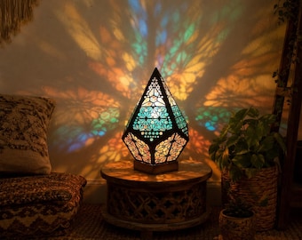 Geometric Projector Lamp, Stained Glass Effect Light, Boho Moroccan Table Lamp, Colorful Wall Pattern Night Light Gift for Home