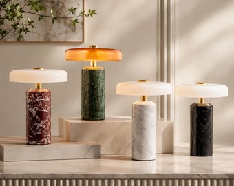 Marble Touch Table Lamp, Rechargeable LED Glass Shade, Natural Stone Base, Dimmable Bedside Lamp, Modern Night Light
