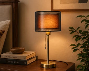 Vintage Brass Table Lamp, Double Layer Fabric Shade, Warm Bedside Light, Retro Desk Lamp for Bedroom Living Room Decor Gift