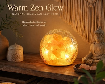 Cracked Glass Himalayan Salt Lamp, Battery Operated Night Light, Warm Zen Decor, Crystal Globe Lamp, Cozy Bedroom Decor Gift
