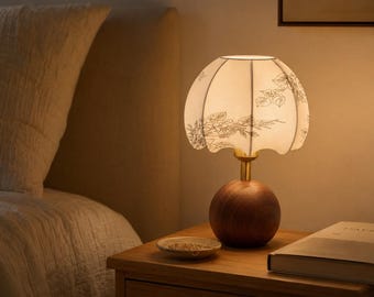 Vintage Fabric Desk Lamp, Floral Shade Table Lamp, Retro Bedroom Light, Warm Ambient Wood Base Lamp, Cozy Home Decor Gift