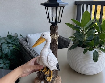 Pelican Solar Garden Light Statue, Outdoor Farmhouse Lantern, Coastal Bird Yard Decor, Warm LED Patio Night Light Gift for Garden