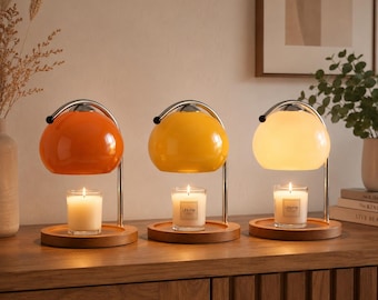 Retro Glass Candle Warmer Lamp, Wood Base Aromatherapy Desk Light, Flameless Wax Melt Warmer, Cozy Bedside Lamp Gift for Home