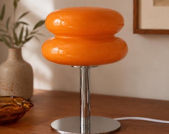 Retro Macaron Mushroom Lamp, 70s Style Orange Table Light, Warm Ambient Desk Lamp, Cozy Bedroom Decor, Mid Century Home Gift