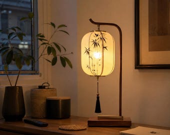 Hanging Lantern Lamp, Chinese Lantern Table Lamp, Eastern Aesthetic Bamboo Shade, Warm Ambient Desk Light, Japandi Bedroom Decor