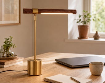 Wood & Brass LED Desk Lamp, Modern Minimalist Reading Light, Mid Century Office Lamp, Adjustable Warm Desk Decor Gift for Home