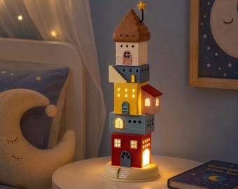 Rotating Layered House Night Light, Building Block Desktop Lamp, Kids Bedside Decor, Cute Nursery Lamp, Cozy Room Gift for Kids